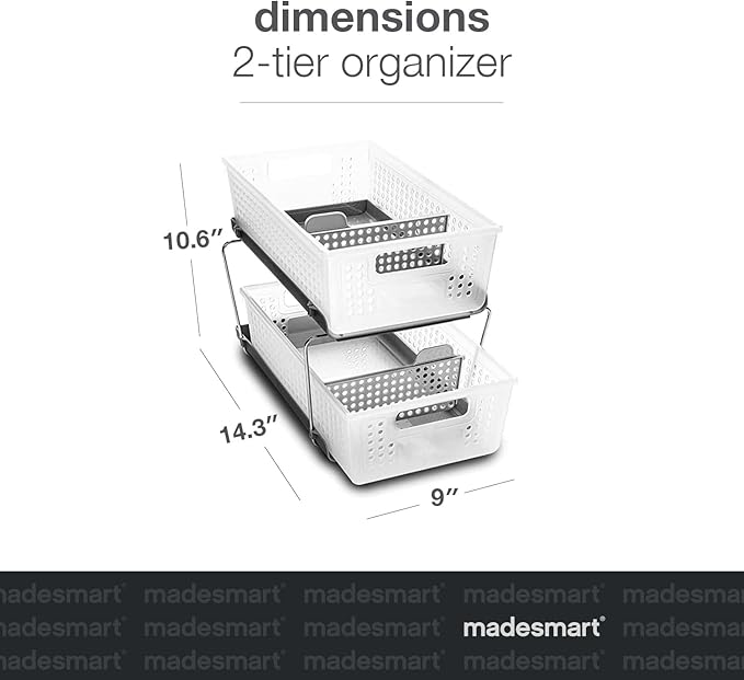 madesmart 2-Tier Organizer, Multi-Purpose Slide-Out Storage with Handles and Dividers for Home and Bath, BPA Free, Frost