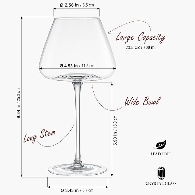 23.5OZ Crystal Wine Glasses Set of 4 for Pinot Noir, Burgundy, Bordeaux, Large Lead-Free Crystal Glasses with Unique Bottom Design
