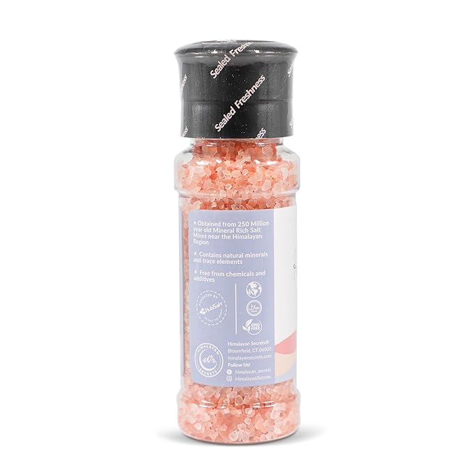 Himalayan Secrets Pink Salt Coarse Grinder - Natural Gourmet Cooking Salt, Kosher Certified, Unrefined, Mineral Rich, Bold Flavor, No Additives, Refillable Container with Ceramic Mill (8 oz)