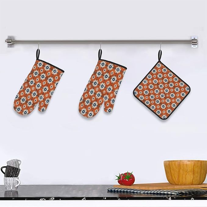 Oven Mitts Pot Holders Set 3 for Kitchen, Boho Mandala Insulation Oven Gloves Heat Resistant Pot Pads Cook Essentials Accessories for BBQ Baking Cooking Kitchen Decor Gifts for Women