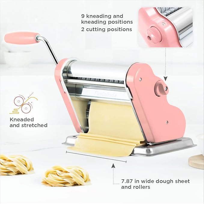 PASTALINDA Classic 200 Pasta Maker Machine, 20 cm Wide Rollers, 9 Thickness Positions, 2 Cutting Positions, Stainless Steel. Includes Reinforced Hand Crank And Two Clamps