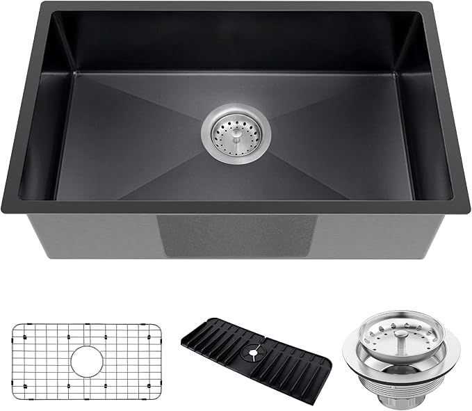 Black Kitchen Sink, Undermount Stainless Steel Bar Sink 30x18x9 Inch Drop In Single Bowl Kitchen Sink With Accessories-Sink Grid,Silicon Faucet Mat,Drain Assembly Set For Modern Kitchen Sink