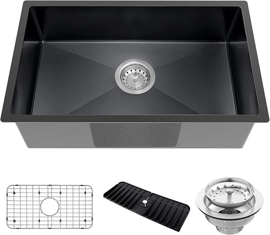 Black Kitchen Sink, Undermount Stainless Steel Bar Sink 30x18x9 Inch Drop In Single Bowl Kitchen Sink With Accessories-Sink Grid,Silicon Faucet Mat,Drain Assembly Set For Modern Kitchen Sink