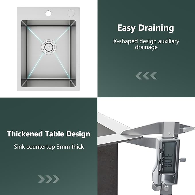 TORVA 15" Topmount Stainless Steel Kitchen Sink, 16 Gauge Single Basin Bar/Prep Sink, 9" Deep Brushed Finish