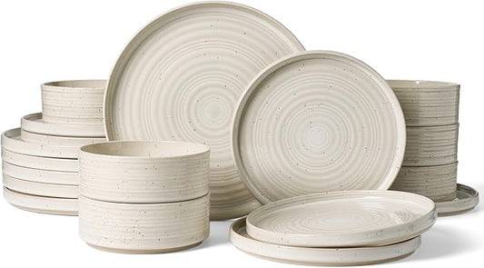 Stoneware Dinnerware Sets, Dish Set for 6, 18 Pieces Spiral Dishware Set with Straight Rim, Speckles & Reactive Glaze - Microwave and Dishwasher Safe Tableware, Shell Beige