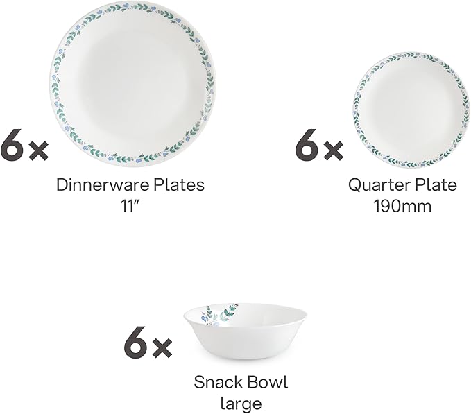 Cello Regal Dinnerware Set of 18 pieces, Service for 6, Chip & Scratch Resistant, Lightweight Round Plates and Bowls Set, Microwave & Dishwasher safe, Opalware Dinner Set, Morning Glory