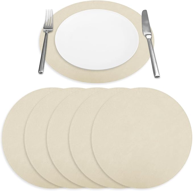 Placemats Set of 6 – Round 15” Faux Leather Table Mats for Dining, Heat Resistant & Non-Slip Washable Table Decor, Indoor, Outdoor, Dining Table Set for 6, Modern Kitchen & Holiday Use, Beige