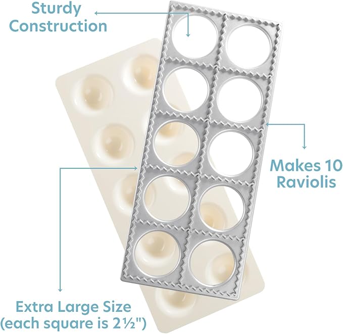 Ravioli Mold with Extra Large 2.5 Inch Squares- Authentic Ravioli Tray & Press, Makes 10 Italian Raviolis at Once, Easy to Use Pasta Maker Kit, Sturdy Construction- Xmas Holiday Seasonal Cooking Gift