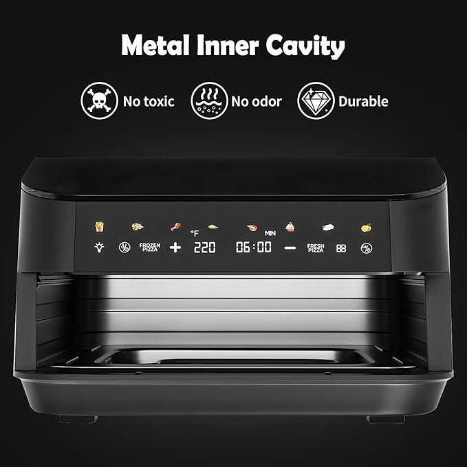 PULZO 7.4 Qt Large Air Fryer, 13IN Large Pizza Airfryer, 12-IN-1Smart Digital Fryer with Basket, 166° Viewing Window, 8 Airfryer Presets, Roast, Bake, Broil, Reheat, Dehydrate, Automatic Shutdown