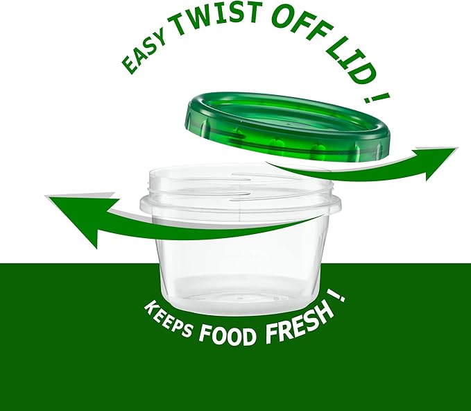 (16 Ounce 20 Pack) Twist cap Containers Clear Bottom With Green Top Screw on Lids Twist Top Food Storage Freezer Containers