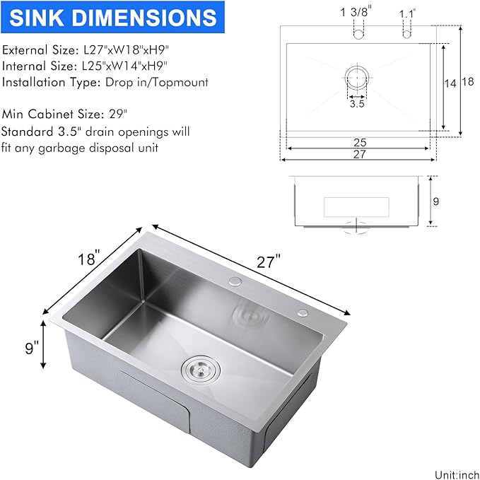 27 Inch Drop in Kitchen Sink, MENATT 27" x 18" Stainless Steel Single Bowl Topmount Workstation Sink with 2 Faucet Holes, Brushed Nickel