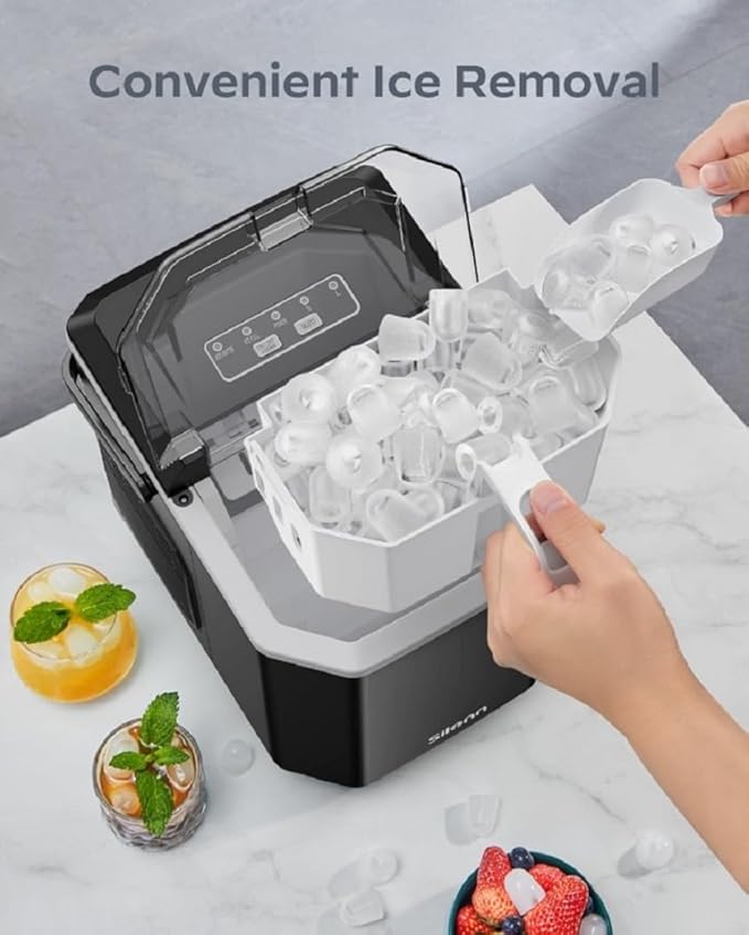 Silonn Ice Maker Countertop Machine with Handle, 26lbs in 24h, 9 Ice Cubes Ready in 6 Mins, Self-Cleaning Ice Makers with Basket and Scoop, Ideal for Home, Kitchen, Camping, RV