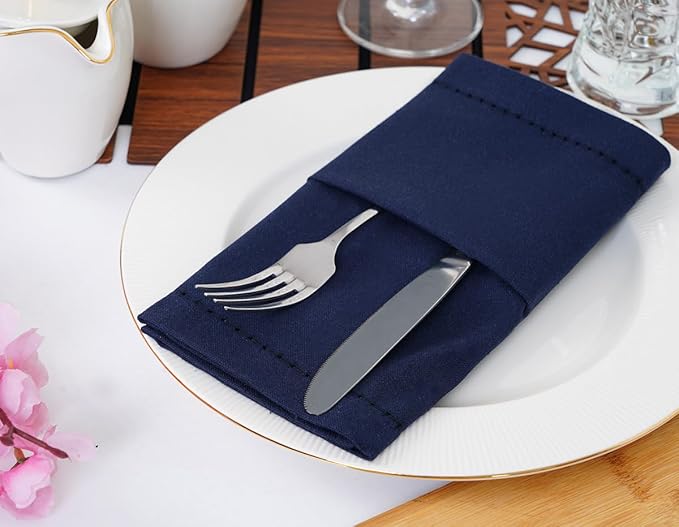 Blue Needles Set of 6 Hemstitch Linen Napkins 100% Cotton Navy Blue Cloth Dinner Napkins 18x18 inches, Soft, Reusable, Absorbent, Washable, Ideal for Fall Thanksgiving Events, Parties & Everyday Use