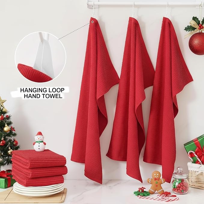 Homaxy Premium Kitchen Towels (18"x 28", 8 Pack), Large 100% Cotton Kitchen Hand Towels, Ultra Absorbent Ribbed Terry Tea Towels Set with Hanging Loop, Red