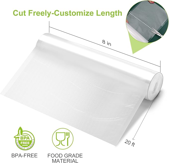 Bonsenkitchen Vacuum Food Sealer Rolls Bags, 2 Packs 8 in x 20 ft, BPA Free, Durable Commercial Customized Size Bags for Storage and Sous Vide Cooking,VB3206