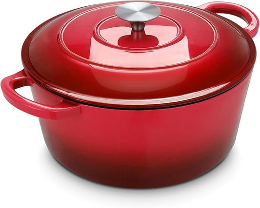 LIFERUN 6 Qt Enameled Cast Iron Dutch Oven Pot with Lid，Oven Safe up to 500° F, Heavy-Duty Non-Stick Dutch Oven with Dual Handles for Bread Baking, Fry Foods, Braising, Stews, Roasting (Red)