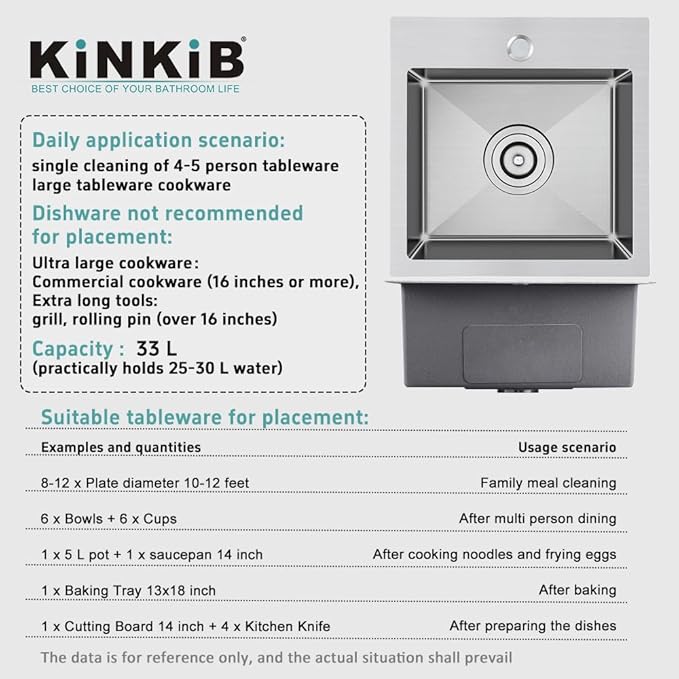 18 inch Drop-in Kitchen Sink, Small Topmount Kitchen Sink Single Bowl, Overmount 304 Stainless Steel Kitchen Bar Sink Handmade with Basket Strainer