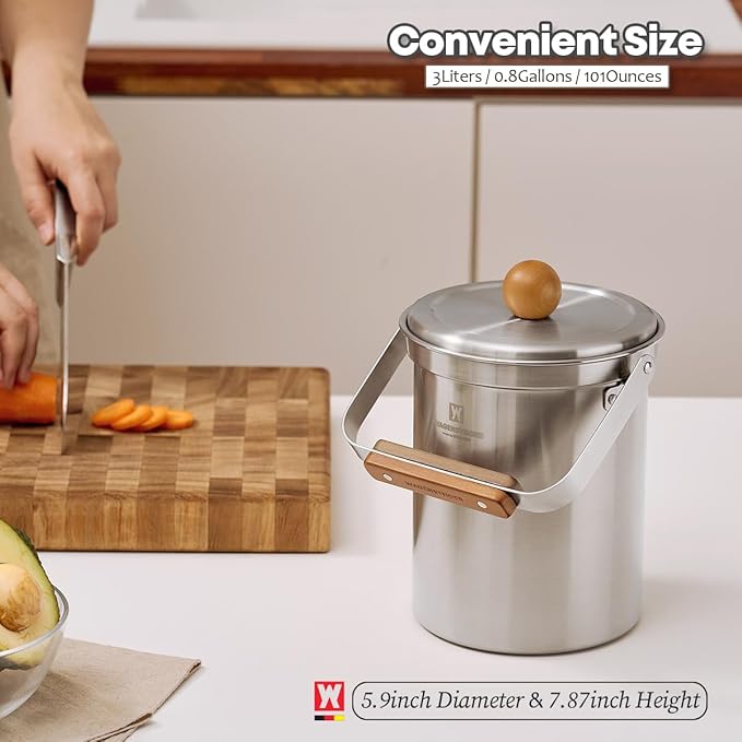Kitchen Countertop Compost Bin 101ounces / 3Liters with Airtight Lid, SUS304 Stainless Steel Odor-Free Food Waste Bin with Wooden Handle Stylish Design/Bathroom Trash Can (Silver)