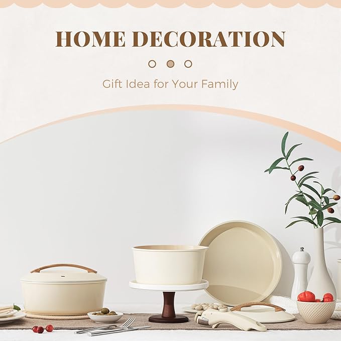 PRICUSIS Ceramic Pots and Pans Set with Detachable Handle, Non-toxic Nonstick 8pcs Cookware Set with Die-cast Lids, Dishwasher & Oven Safe, PTFE PFOA PFAS Free, Perfect for College Dorm, Cream White