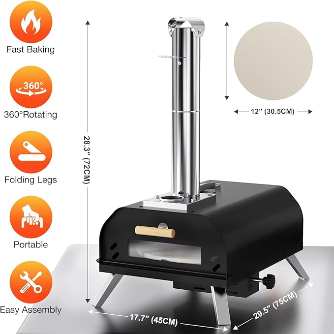 12 inch Outdoor Pizza Oven, Wood Pellet Pizza Ovens with 360° Rotating Pizza Stone, Outside Portable Pizza Stove, Tabletop Pizza Oven for Backyard, Camping, Patio, black