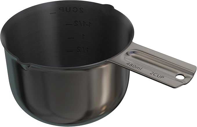 Color Up 2 Cup Measuring Cup, 480ml Black Stainless Steel Metal Measuring Scoop, Easy-Pour Spouts, Engraved Markings, for Dry & Liquid Ingredients