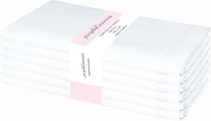 PurpleEssences Set of 6 Hemstitch Cloth Dinner Napkins 100% Cotton - Soft Durable Washable - Ideal for Wedding Christmas Holiday Winter - Perfect Everyday Use Table Linen 18x18 - White