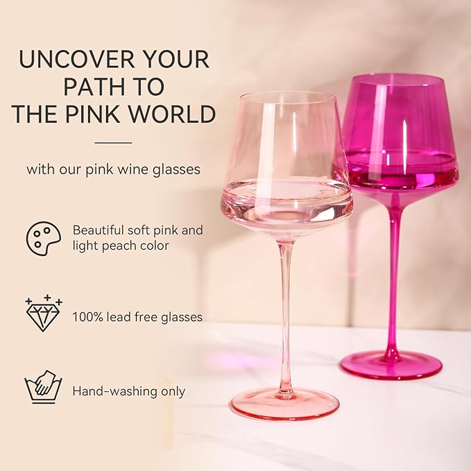 Hot Pink Wine glasses set-Magenta&Blush Pink Colored Wine Glasses Set of 6 Gifts for Women Hand-Blown Colored Morden Crystal Glassware for Lady Bachelorette,Party,Celebration,Birthday