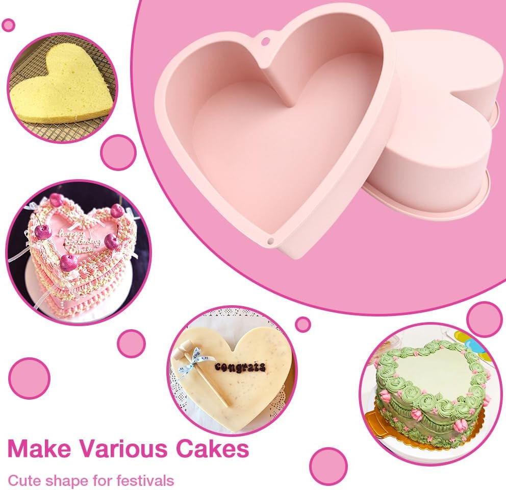 Alimat PluS Silicone Heart Shaped Cake Pans, 2pcs Heart Cake Pan 8 Inch with Hanging Hole(Pink)