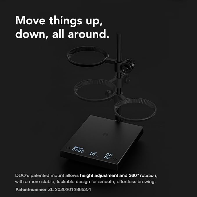 TIMEMORE Coffee Scale Black Mirror Duo (New) with Adjustable Dripper Mount/High-Precision Load Cell/Dual-Readout Display/Real-Time Flow Rate，Espresso Digital Coffee Scale for Pour Over Drip Coffee.