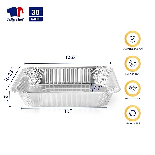 JOLLY CHEF 9x13 Aluminum Foil Pans (30 Pack) - Disposable Half Size Deep Steam Foil Pans for Roasting Turkey, Lasagna, Casseroles - Thanksgiving, Christmas, Parties, Catering