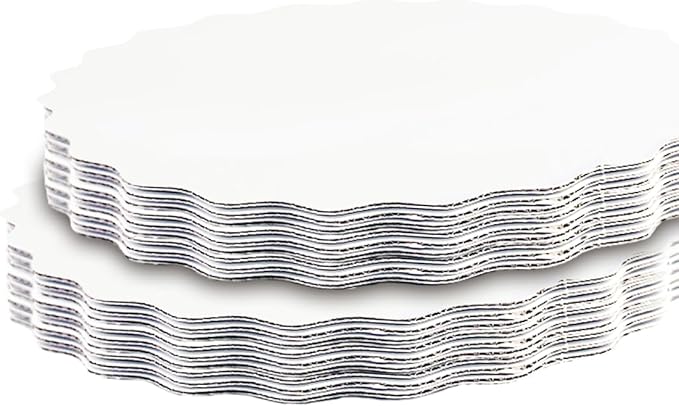 qiqee 10 Inch White Wave Cake Boards Round 50-Packs Circles Rounds Base Food-Grade Cardboard Wave Cake Plate（Thinner But Stronger）