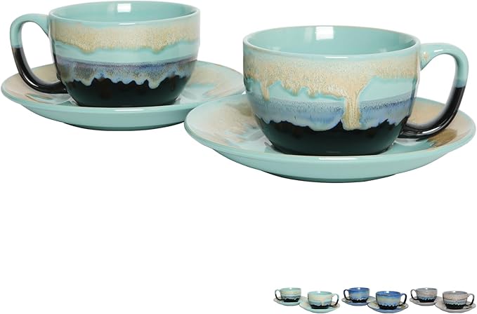 Bosmarlin Ceramic Cappuccino Cup and Saucer Set of 2, 10 Oz, Dishwasher and Microwave Safe, Coffee Cups for Latte, Espresso, Tea, Reavtive Glaze (Pastel Blue, 10 oz)