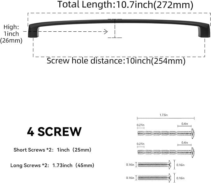 6 Pack 10 Inch(254mm) Kitchen Cabinet Handles Matte Black Cabinet Pulls Zinc Alloy Drawer Pulls Solid Kitchen Hardware