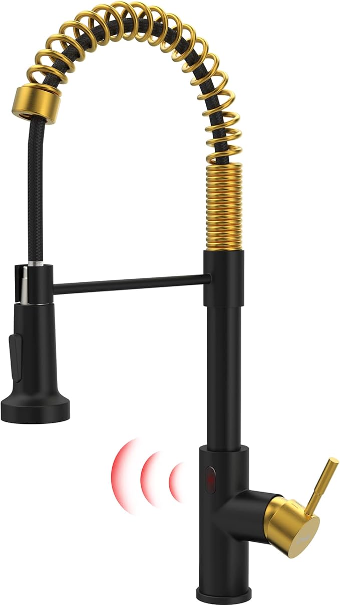 GIMILI Black and Gold Touchless Kitchen Faucet with Pull Down Sprayer, Motion Sensor Smart Hands-Free Activated Single Hole Spring Faucet for Kitchen Sink, Matte Black&Brushed Gold