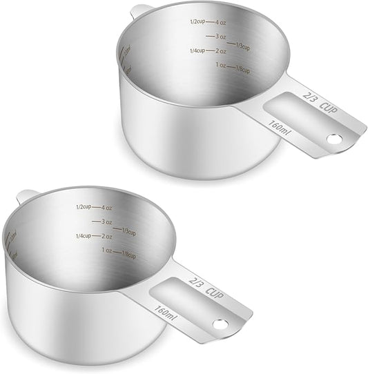 2PCS 2/3Cup (160ml, 5.3oz) Single Measuring Cup, Etched Inner Scale Stainless Steel Measure Scoop, Metric and US Measurement, Dishwasher Safe