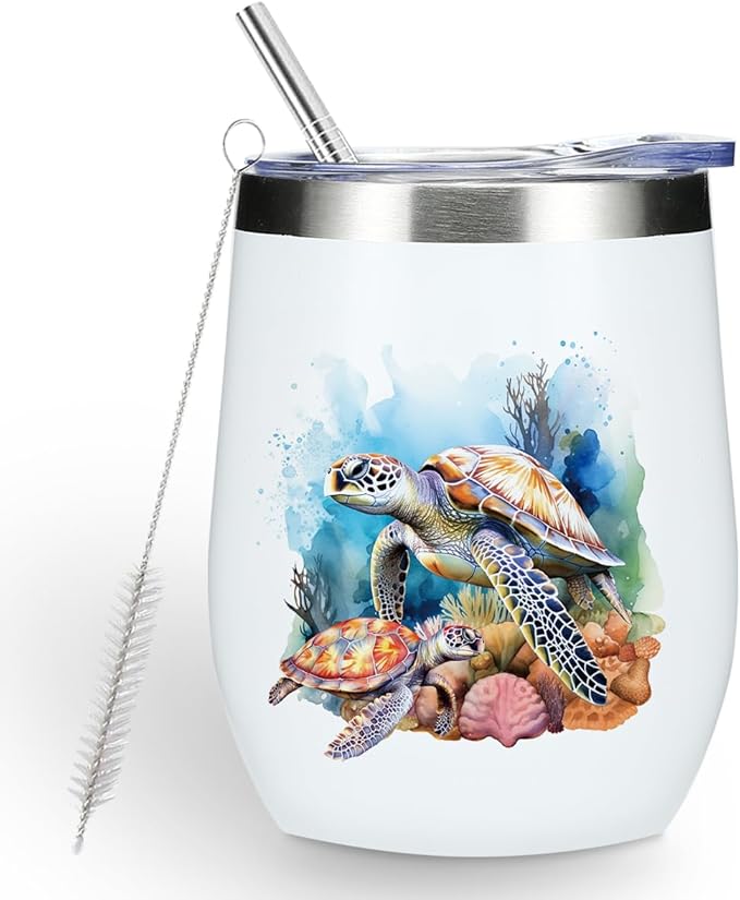 Sea Turtle Gifts for Women Men Sea Turtle Decor Stuff Wine Tumbler Insulated Wine Glasses 12 oz Tumbler with Lid for Women Men Turtles Lovers Female Girl Mom Coworker Birthday Christmas Friendship