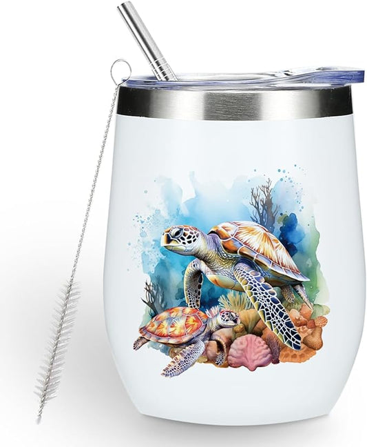 Sea Turtle Gifts for Women Men Sea Turtle Decor Stuff Wine Tumbler Insulated Wine Glasses 12 oz Tumbler with Lid for Women Men Turtles Lovers Female Girl Mom Coworker Birthday Christmas Friendship