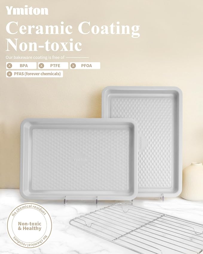 Nonstick Ceramic Baking Sheet with Rack, 2-Pack 13x9 Quarter Sheet Pan, Non-Toxic, PTFE & PFOA Free, Warp-Free, Oven Safe 550°F, Dishwasher Safe, Aluminized Steel, Gray Yellow（External 10x14）