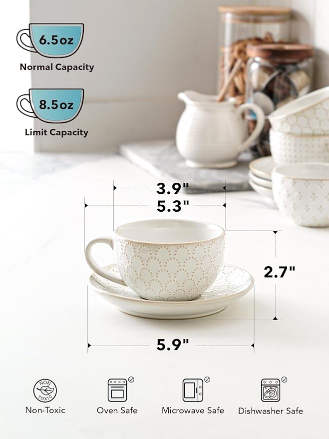 LE TAUCI Cappuccino Cups with Saucers 8 oz, Ceramic Large Coffee Cup for Au Lait, Double shot, Latte, Cafe Mocha, Tea, Dishwasher Safe - Set of 4, Arctic white