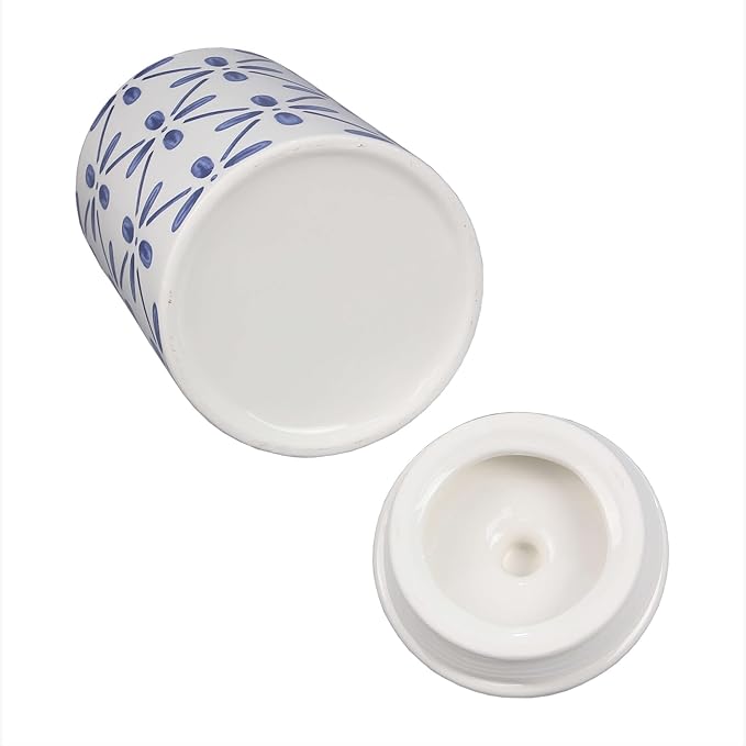 Young's Inc. 4 Pcs Set Cylindrical Ceramic Canisters- Storage Container for Kitchen and Bathroom - Beautiful Home Decor Accent to Store Food, Coffee, Tea, and More - White, Blue