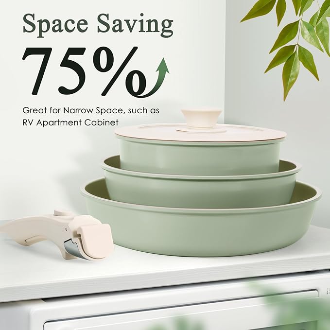 KIKCOIN Pots and Pans Set Nonstick, Ceramic Cookware Set Detachable Handle, Induction Kitchen Cookware Set with Removable Handle, Healthy Non Stick RV Cookware, Dishwasher ＆ Oven Safe, PFOA Free