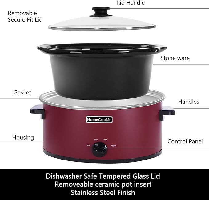 HOMECOOKIN 6 Quart Slow Cooker Oval Manual Pot Food Warmer with 3 Cooking Settings, Red Stainless Steel