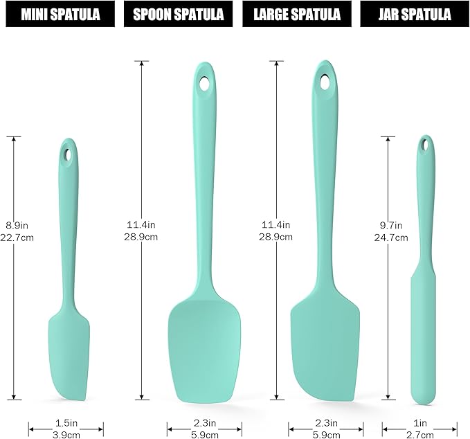 4-Piece Silicone Spatula Scrapers: Doosu 600°F Heat Resistant Food Grade Kitchen BPA Free Rubber Baking Cooking Tool Nonstick Utensil Set for Mixing, Scraping, Folding, Stirring, Serving (Aqua Sky)