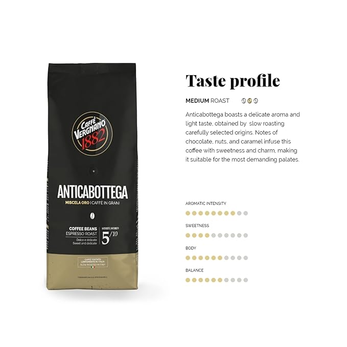 Caffe Vergnano 1882 Antica Bottega Whole Bean Arabica Medium Roast Espresso, 1.1 lbs Bag - Italian Coffee Beans with notes of Chocolate, Nuts & Caramel, Intensity 5/10-500g Bag