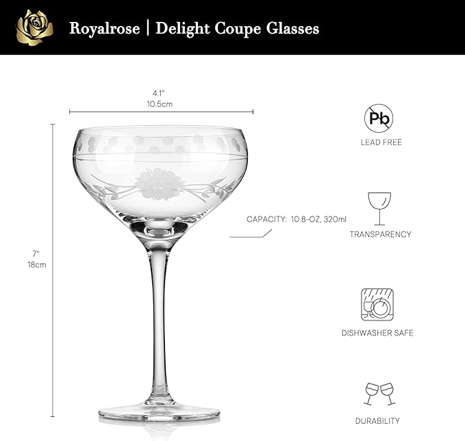 Premium Delight Coupe Glasses Set of 4, 10.8 oz – Hand-Blown with Etched Long Stem, Classic Glassware for Weddings, Dinners, and Holiday Gifting (Coupe Glasses)