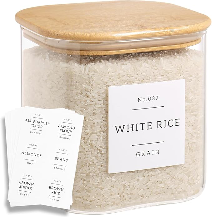 Large Glass Flour and Sugar Containers with 42 Kitchen Pantry Labels - 85 Oz Glass Food Storage Containers with Airtight Lids - Square Glass Jars with Bamboo Lids for Rice, Pasta, Cookies