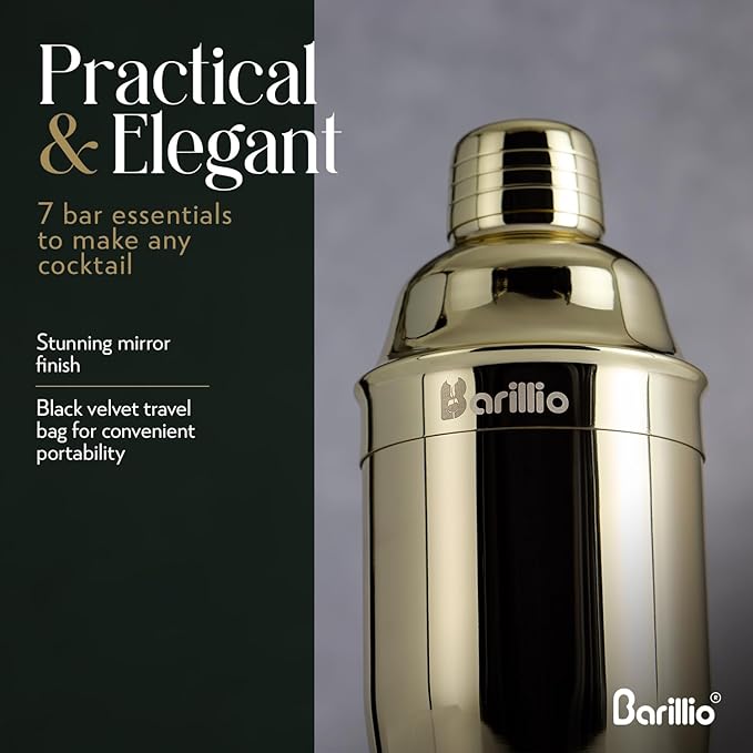 Barillio Mixology Bartender Kit - 8 pcs Stainless Steel Travel Cocktail Shaker Set with Bag - Bar Tools Set with Martini Shaker, Drink Mixer Spoon & Mojito Muddler for Cocktails, Pourers & Jigger