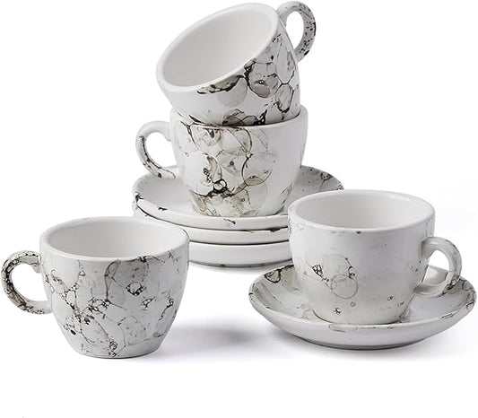 SIDUCAL Espresso Cups Set of 4,6 Ounce Ceramic Coffee Cups with Saucers,Porcelain Double Espresso Cup Set,Gift Box for Boyfriend Gift(White)