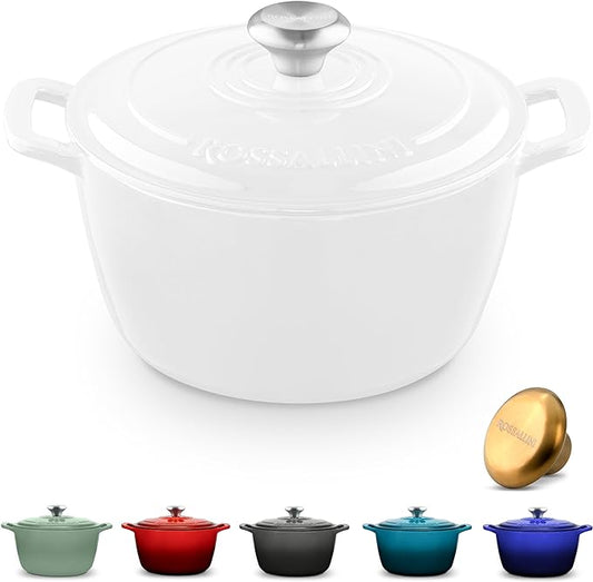 Signature Enameled Cast Iron Dutch Oven, Non-Stick Serving Pot with Tight Fitting Lid for Perfect Roasting, Baking, Sauteing, and Bread Making | 10Q (9.5L) - White