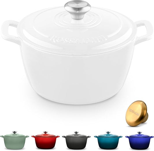 Signature Enameled Cast Iron Dutch Oven, Non-Stick Serving Pot with Tight Fitting Lid for Perfect Roasting, Baking, Sauteing, and Bread Making | 7.4Q (7L) - White